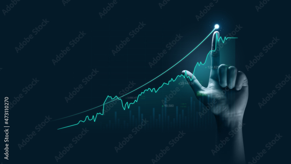 Businessman hand pointing finger to growth success finance business chart of metaverse technology financial graph investment diagram on analysis stock market background with digital economy exchange. - obrazy, fototapety, plakaty 