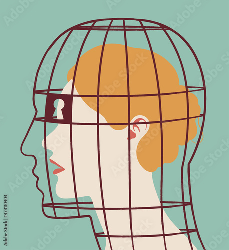 Vector profile portrait of abusive man represented as a birdcage in which a woman is trapped. Conceptual illustration depicting controlling relationship. 