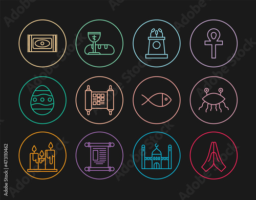 Set line Hands in praying position, Pastafarianism, Stage stand or tribune, Decree, paper, parchment, scroll, Easter egg, Traditional carpet, Christian fish and First communion symbols icon. Vector