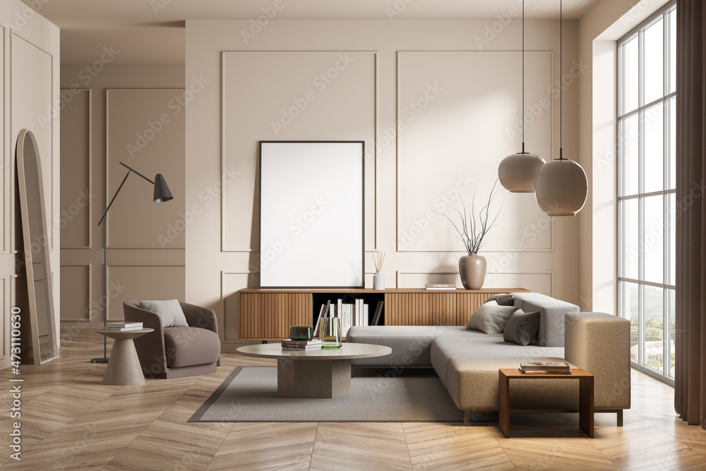 Fototapeta premium Light guest room interior with sofa and armchair, window and mockup poster