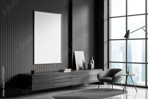Photography Dark guest room interior with armchair and window, mockup poster