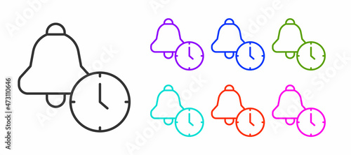 Black line Alarm clock icon isolated on white background. Wake up, get up concept. Time sign. Set icons colorful. Vector