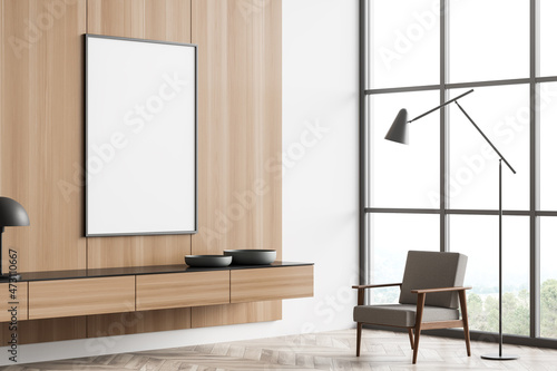 Light guest room interior with armchair and window, mockup poster © ImageFlow