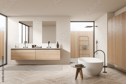 Wooden bathroom interior with bathtub and two sinks  shower and towel ladder