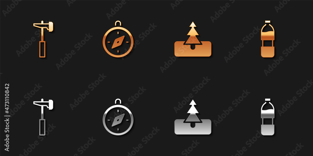 Set Hammer, Compass, Tree and Bottle of water icon. Vector Set Hammer, Compass, Tree and Bottle of water icon. Vector