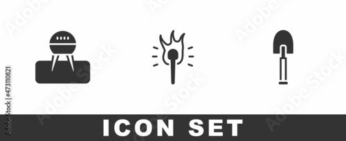 Set Barbecue grill, Torch flame and Shovel icon. Vector