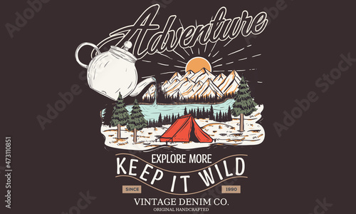 Mountain with kettle colorful sketch vintage graphic t shirt design. Explore more vintage artwork for apparel, sticker, batch, background, poster and others.