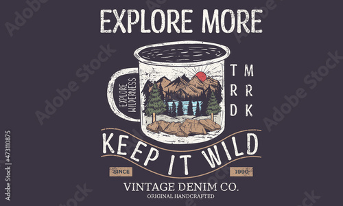 Mountain lake drawing at the mug vector graphic t shirt design. Explore more vintage artwork for apparel, sticker, batch, background, poster and others.
