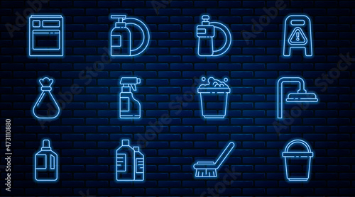 Set line Bucket, Shower head, Dishwashing liquid bottle and plate, Spray with detergent, Garbage bag, Kitchen dishwasher machine, soap suds and icon. Vector