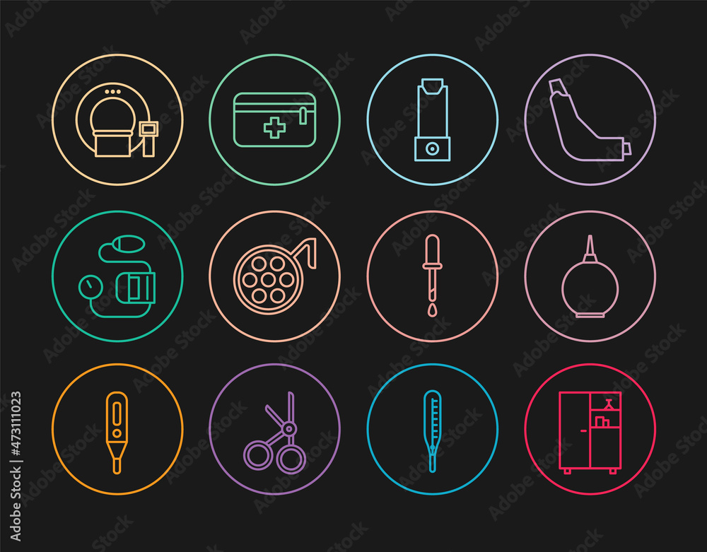 Set line Medicine cabinet, Enema, Inhaler, Surgery lamp, Blood pressure, Tomography, Pipette and First aid kit icon. Vector Set line Medicine cabinet, Enema, Inhaler, Surgery lamp, Blood pressure, Tomography, Pipette and First aid kit icon. Vector