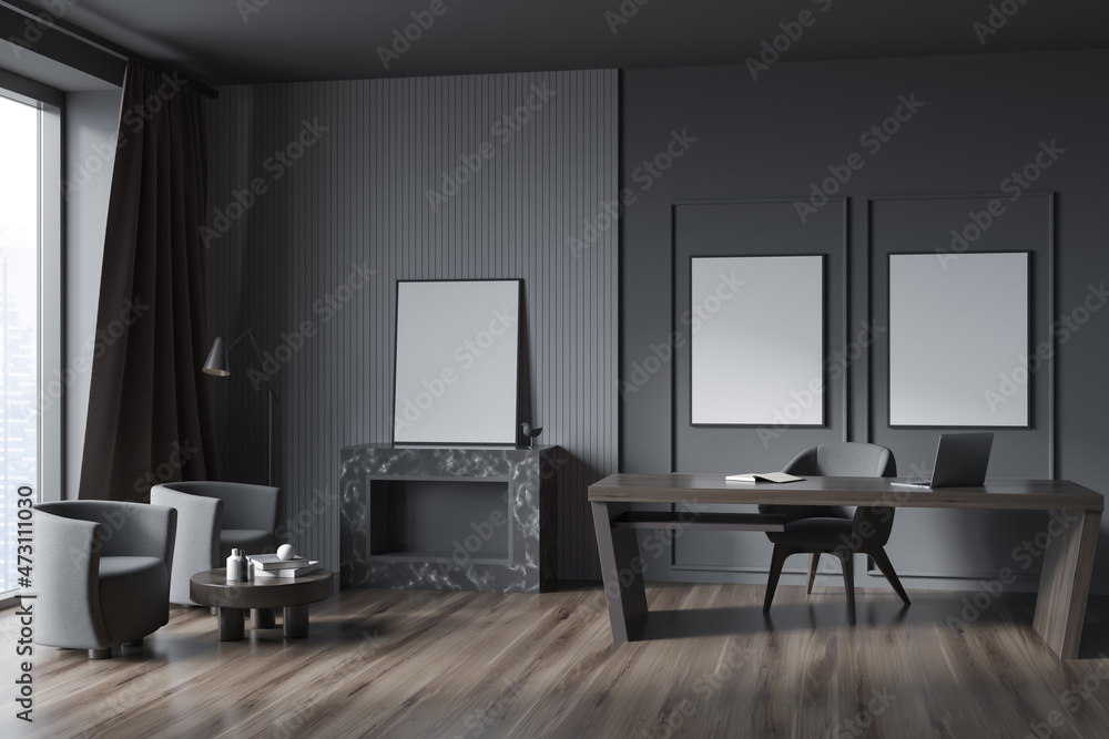 Three artworks in modern minimalist grey office with guest seating area Three artworks in modern minimalist grey office with guest seating area