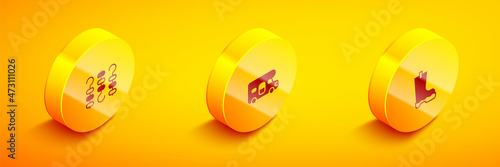Set Isometric Grilled shish kebab on skewer, RV motorhome vehicle and Waterproof rubber boot icon. Vector