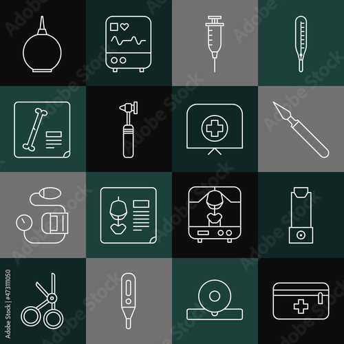 Set line First aid kit, Inhaler, Medical surgery scalpel, Syringe, otoscope tool, X-ray shots, Enema and Nurse hat with cross icon. Vector