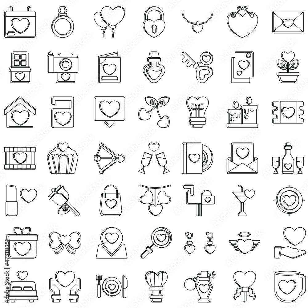 Outline Valentines day flat vector icon collection set