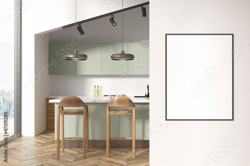 Light kitchen interior with dining table and chairs, window and mockup poster © ImageFlow