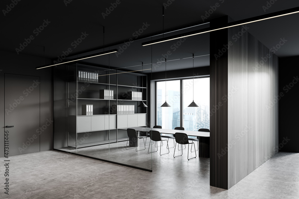 Grey business room interior with chairs, table and shelf on concrete floor
