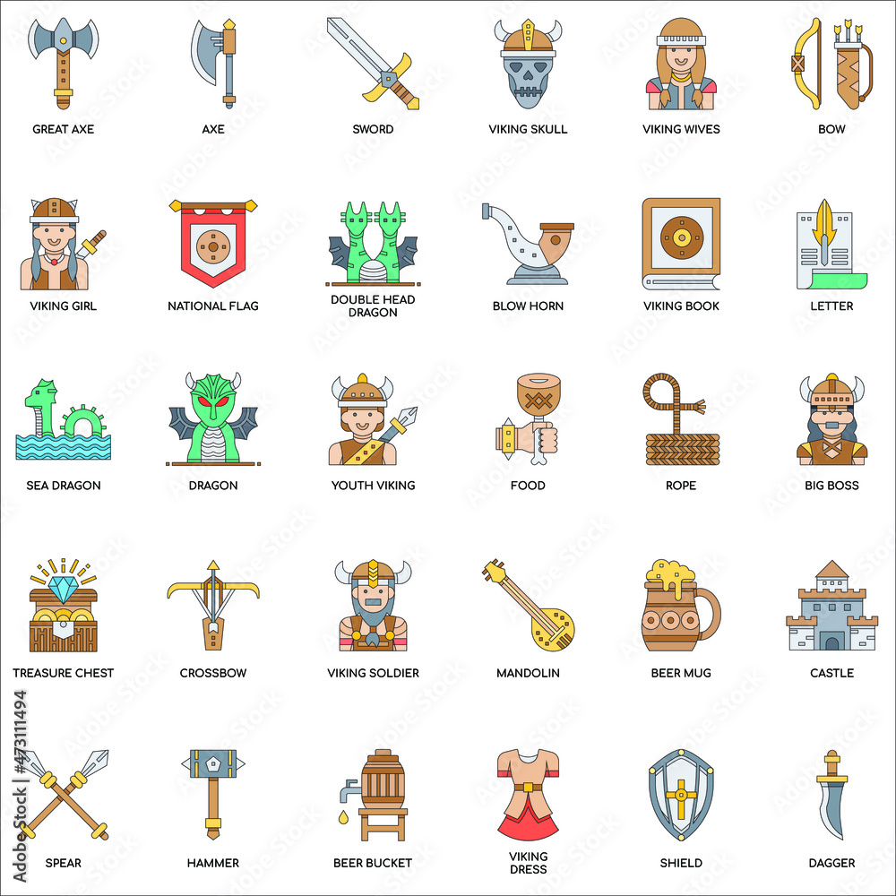 Viking Elements flat vector icon collection set Viking Elements flat vector icon collection set