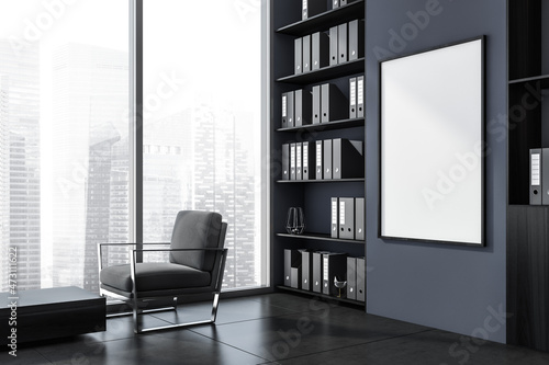 Dark office room interior with empty white poster, panoramic window