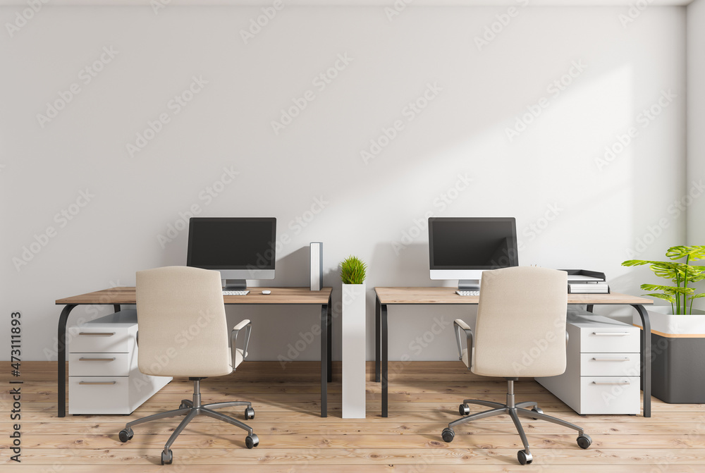 White business room interior with two seats, table with pc, mockup