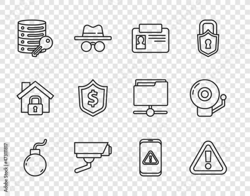 Set line Bomb ready to explode, Exclamation mark in triangle, Identification badge, Security camera, Server security with key, Shield dollar, Mobile exclamation and Ringing alarm bell icon. Vector