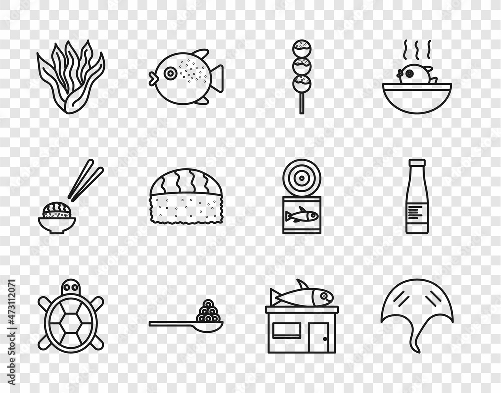 Fototapeta premium Set line Turtle, Stingray, Takoyaki on stick, Caviar spoon, Seaweed, Sushi, Seafood store and Sauce bottle icon. Vector