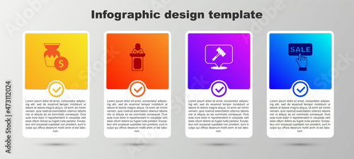 Set Auction ancient vase, auctioneer sells, hammer and Price tag with Sale. Business infographic template. Vector