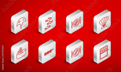 Set line Canned fish, Fishes, Served cucumber on plate, Scallop sea shell, Stingray, Grilled steak and Tin can with caviar icon. Vector