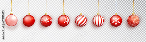 Christmas red balls baubles isolated on transparent background. Holiday decoration template. Vector illustration.