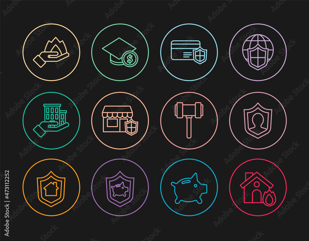 Set line Fire in burning house, Life insurance with shield, Credit card, Shopping building, House, Hand holding fire, Judge gavel and Graduation cap coin icon. Vector Set line Fire in burning house, Life insurance with shield, Credit card, Shopping building, House, Hand holding fire, Judge gavel and Graduation cap coin icon. Vector
