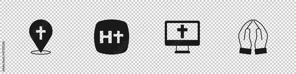 Set Location church building, Christian cross, monitor and Hands praying position icon. Vector Set Location church building, Christian cross, monitor and Hands praying position icon. Vector