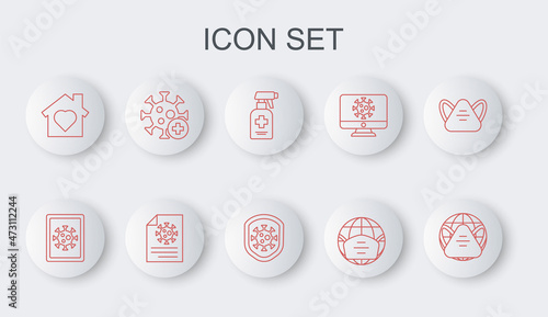 Set line Earth with medical mask, Virus statistics on monitor, Liquid antibacterial soap, House heart inside, Positive virus, Clipboard blood test results and Shield protecting from icon. Vector