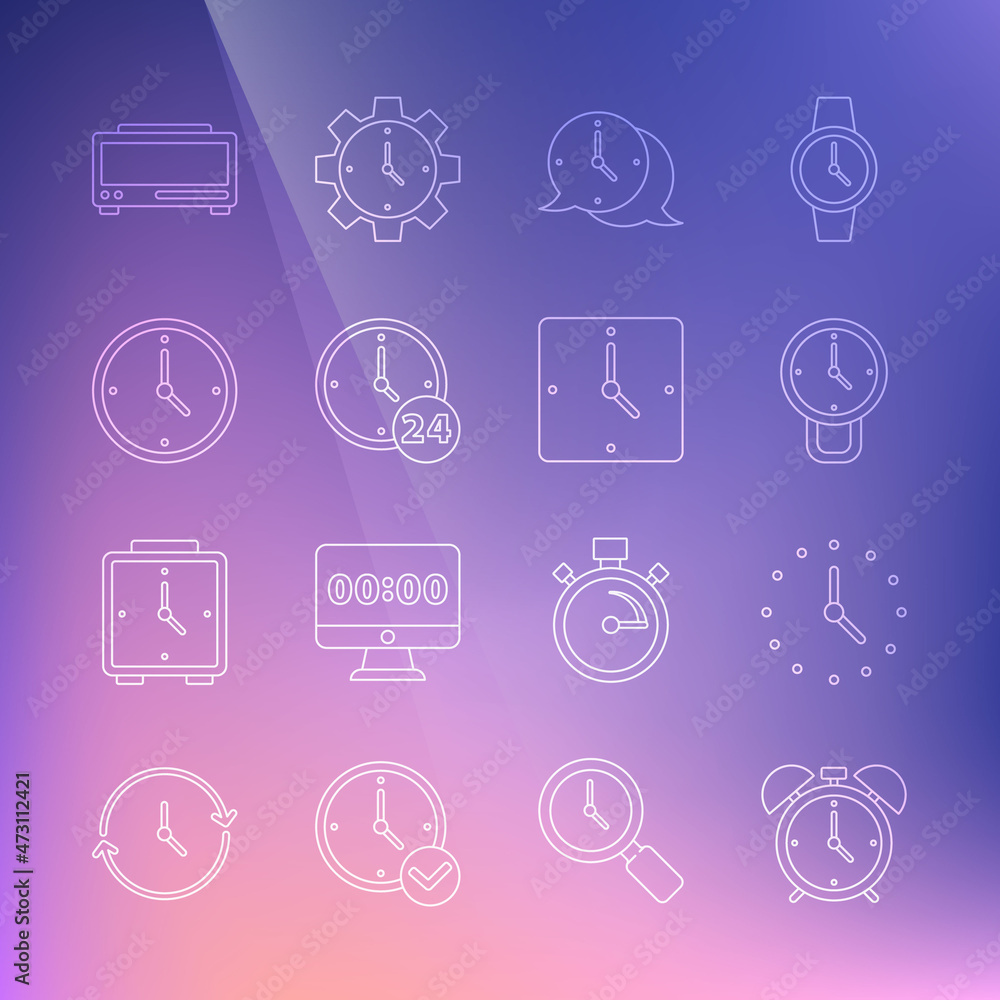 Set line Alarm clock, Clock, speech bubble, 24 hours, Digital alarm and icon. Vector Set line Alarm clock, Clock, speech bubble, 24 hours, Digital alarm and icon. Vector