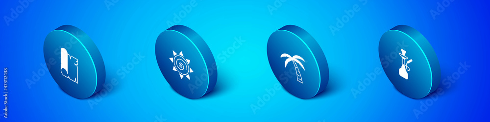 Set Isometric Papyrus scroll, Tropical palm tree, Hookah and Sun icon. Vector Set Isometric Papyrus scroll, Tropical palm tree, Hookah and Sun icon. Vector