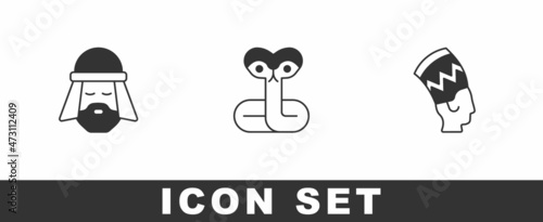 Set Egyptian man, Snake and Nefertiti icon. Vector