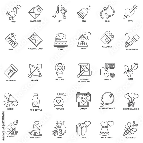 Outline Wedding collection flat vector icons element set