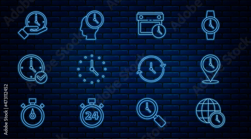Set line World time, Location with clock, Calendar and, Clock, and Time Management icon. Vector