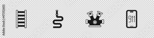 Set Fire escape, hose reel, hydrant and Mobile emergency call 911 icon. Vector