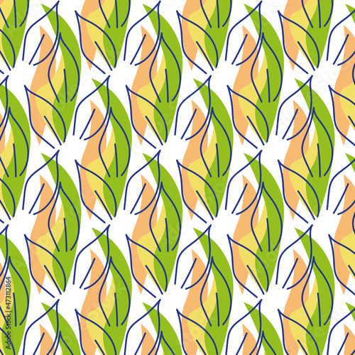 Pattern with leaves..
The pattern is endless with dark blue leaves on a colored background. A simple autumn illustration. Vector graphics.