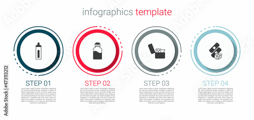 Set Electronic cigarette, Vape liquid bottle, Lighter and Medical nicotine patches. Business infographic template. Vector