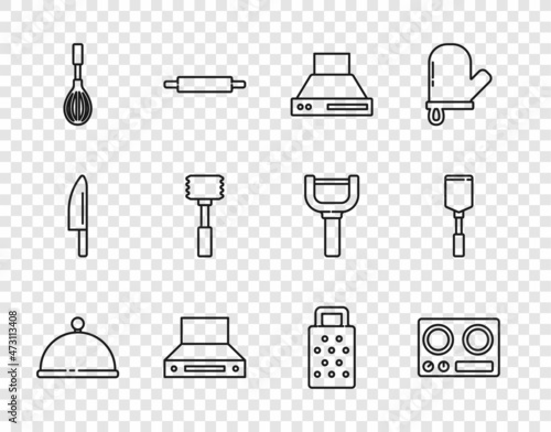 Set line Covered with tray, Gas stove, Kitchen extractor fan, whisk, hammer, Grater and Spatula icon. Vector