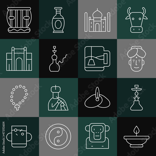 Set line Aroma lamp, Hookah, Indian man, Taj Mahal, Gate in Delhi, Instrument tabla and Cup of tea with tea bag icon. Vector