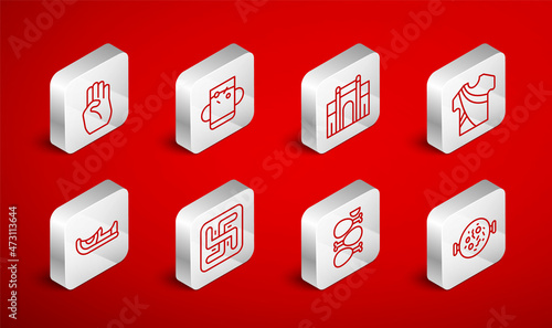 Set line Chicken tikka masala, Cup of tea and leaf, India Gate in Delhi, Indian man dress, Tandoori chicken, symbol hand, Hindu swastika and shoes icon. Vector