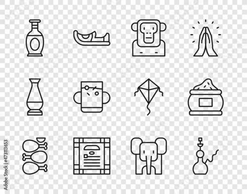 Set line Tandoori chicken, Hookah, Monkey, India constitution day, Indian vase, Cup of tea leaf, Elephant and spice icon. Vector