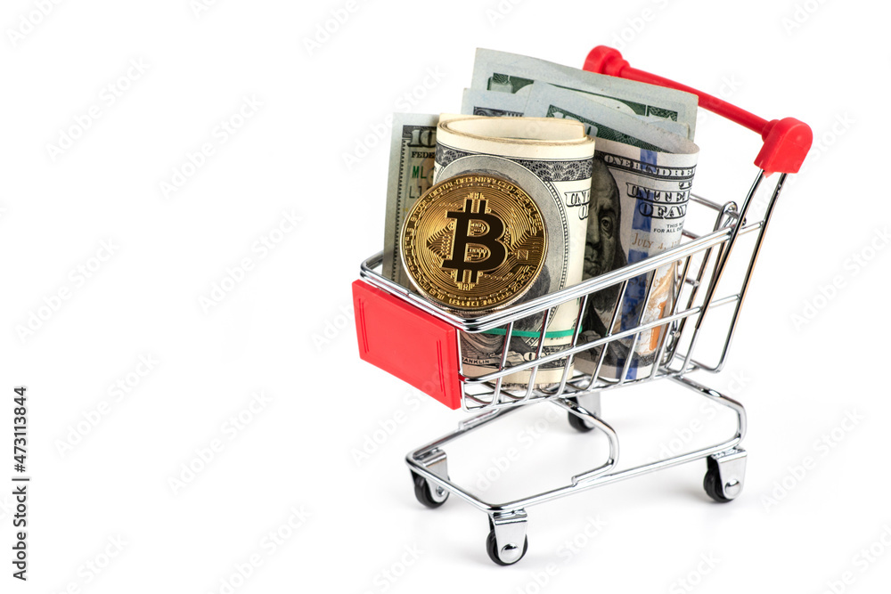 Bitcoin virtual money concept. shopping carts with golden bitcoins and one hundred dollars on white background.