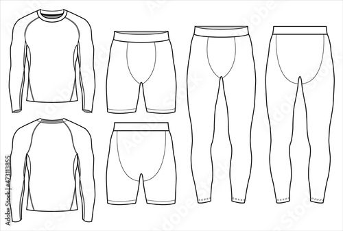 Men's compression sports wear full sleeve t-shirt, shorts and leggings sketch