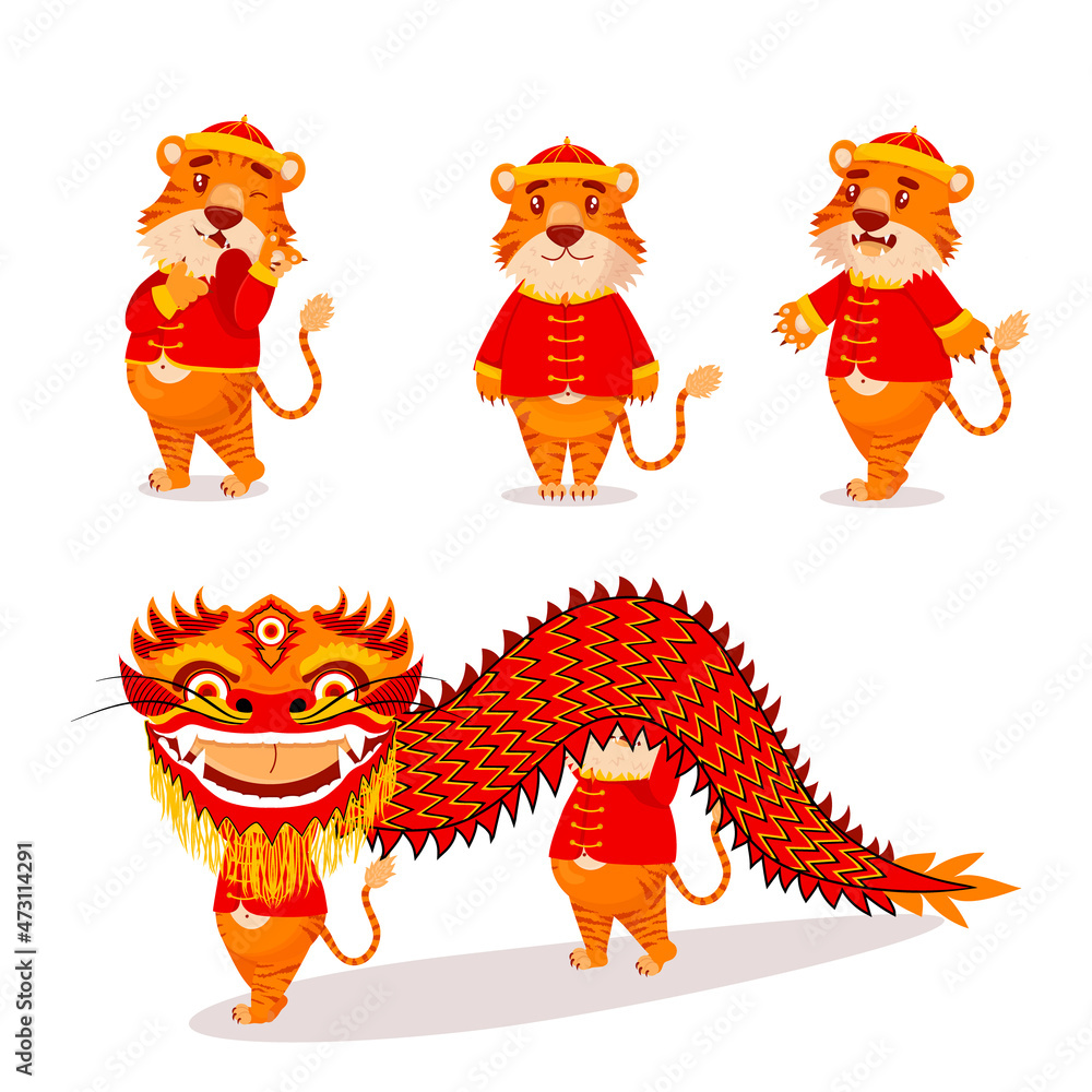 Set of red Chinese tigers in New Year's costumes with lanterns and dragons in cartoon style. Symbol 2022 Set of red Chinese tigers in New Year's costumes with lanterns and dragons in cartoon style. Symbol 2022
