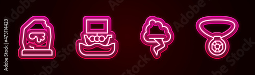 Set line Magic rune, Viking ship Drakkar, Cloud and lightning and Necklace with gem. Glowing neon icon. Vector