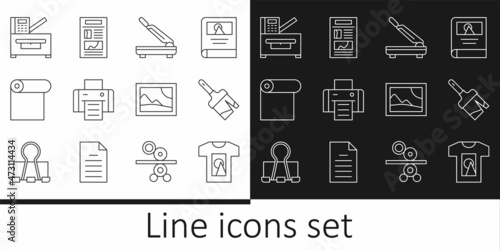 Set line T-shirt, Paint brush, Paper cutter, Printer, Roll of paper, Copy machine, Picture landscape and News icon. Vector