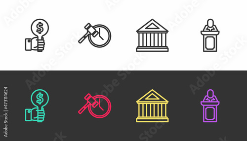 Set line Hand holding auction paddle, Auction hammer, Museum building and auctioneer sells on black and white. Vector