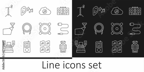 Set line Microphone, Audio jack, Music streaming service, Movie spotlight, with stand, Stereo speaker and Ear listen sound signal icon. Vector